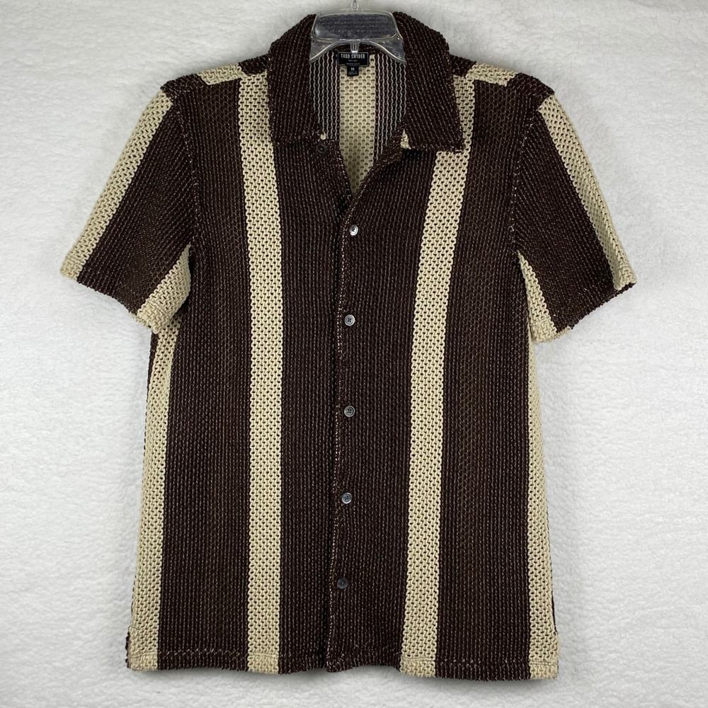 Todd Snyder Men's M Brown Crochet Knit Striped Short Sleeve Button Down Shirt